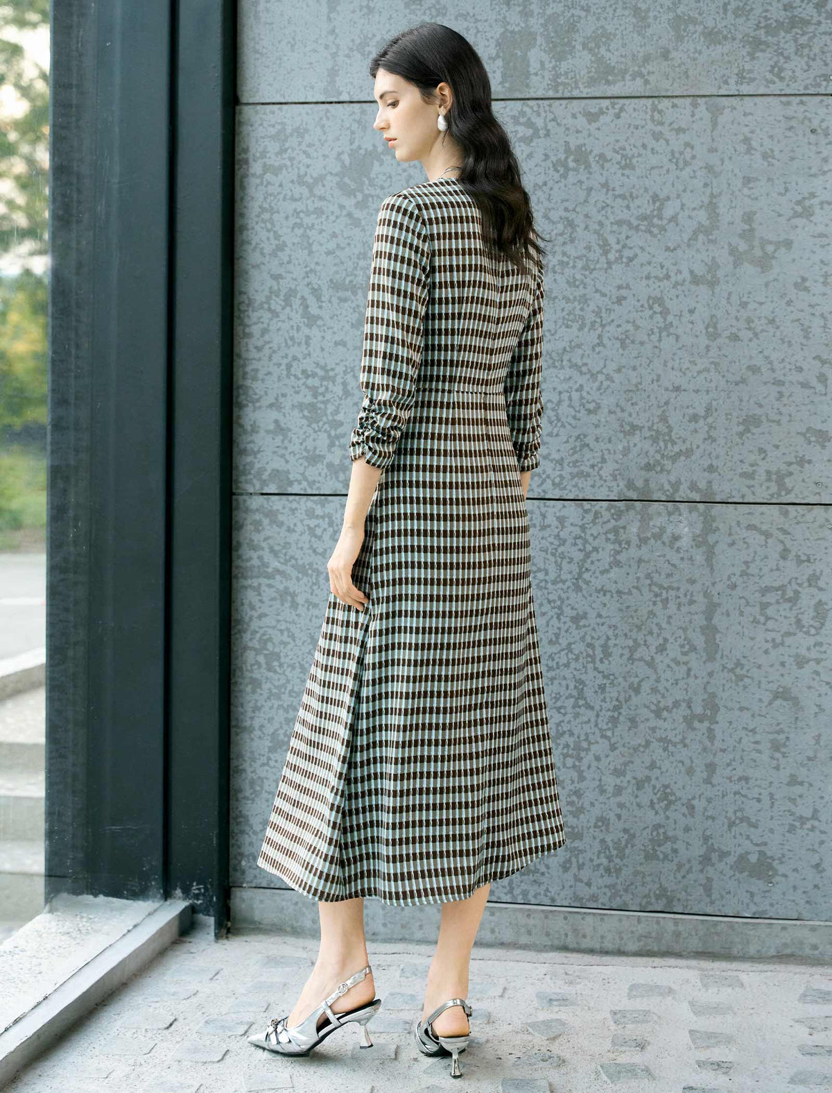 Checked Wrap Midi Dress