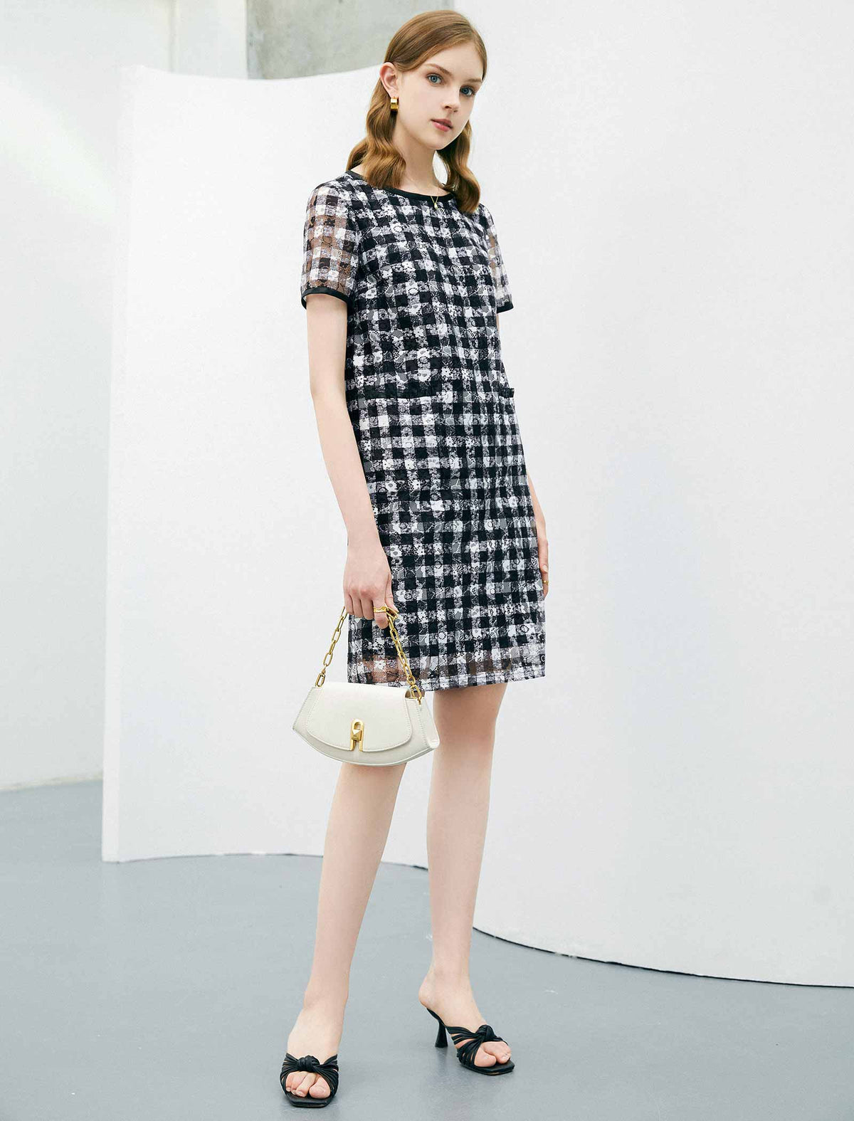 Plaid Lace Straight Short Sleeve Dress