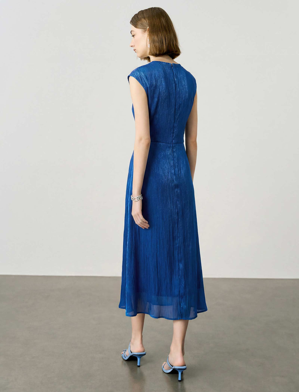 Metallic Blue Cap-Sleeve Midi Dress
