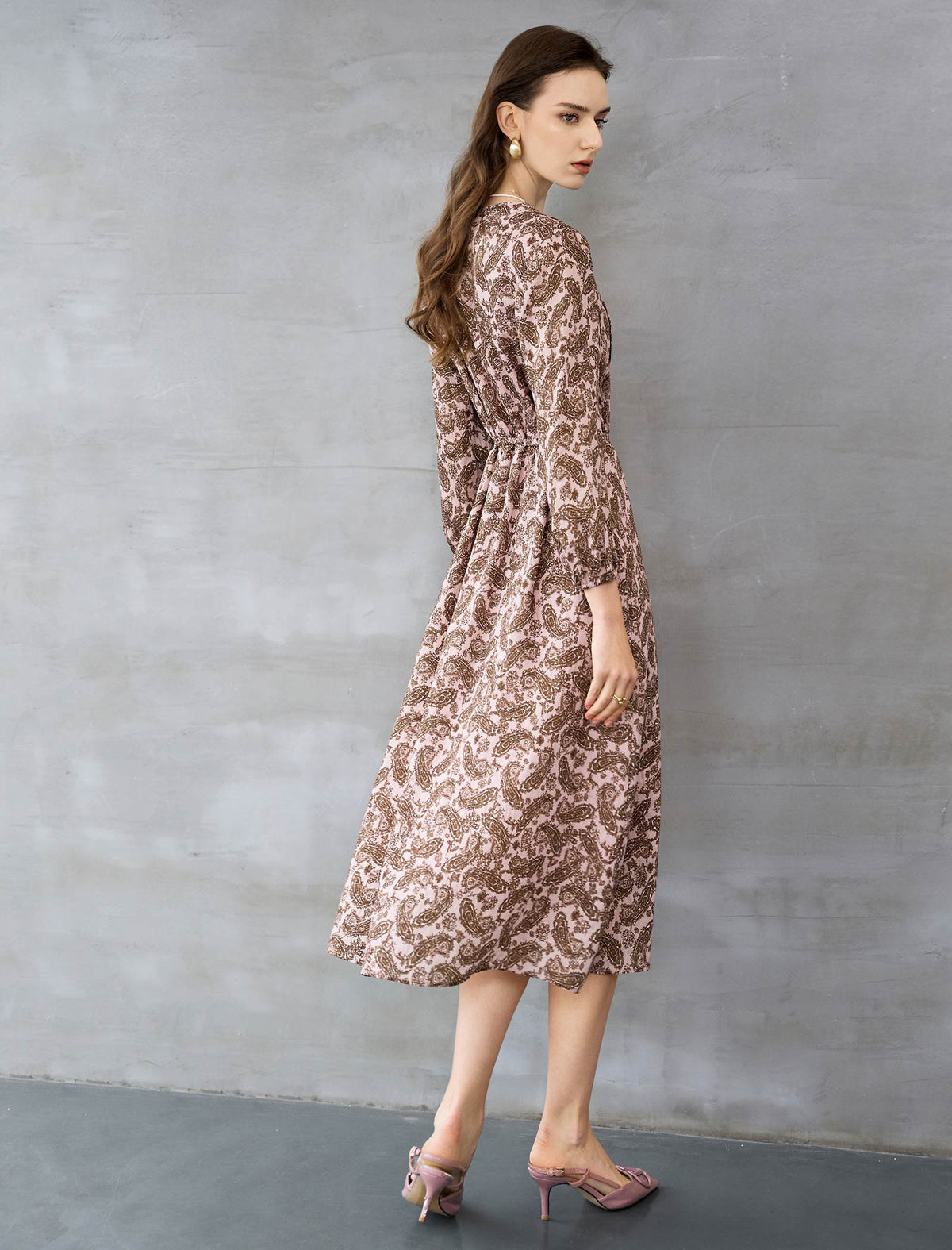 Dusty Pink Paisley Print Tie-Waist Midi Dress