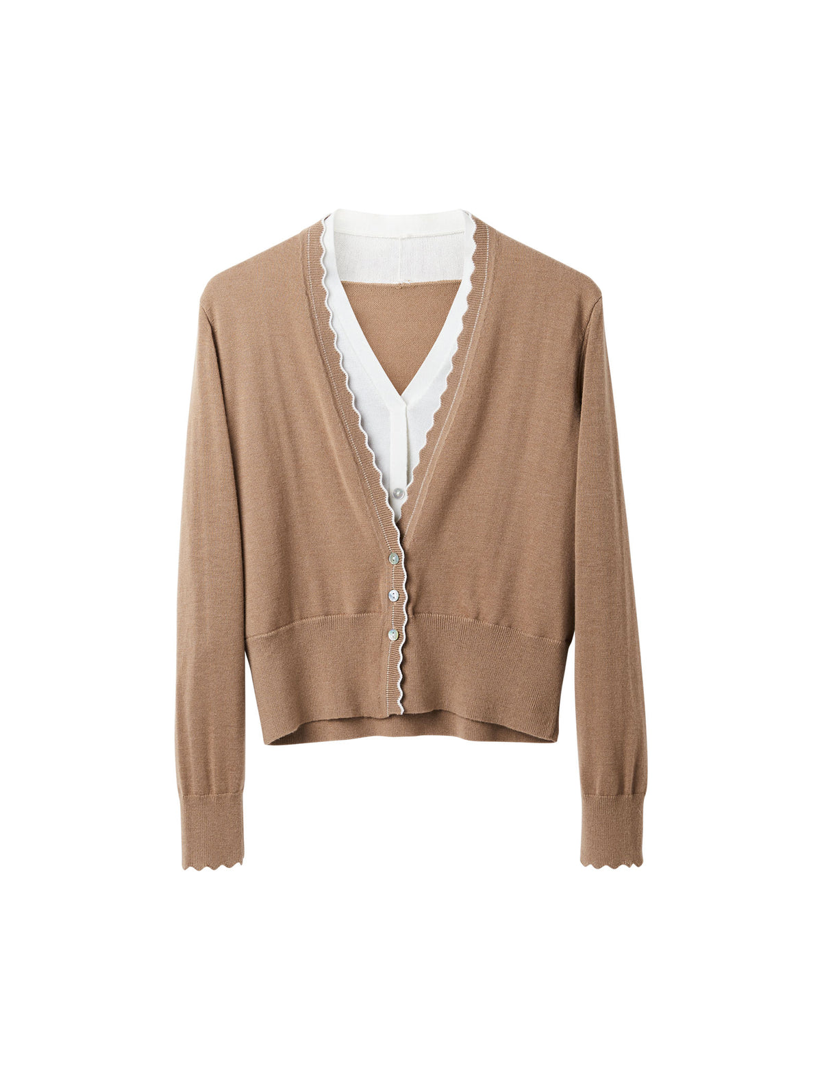 Wool Blend Scallop Trim Layered V-Neck Cardigan