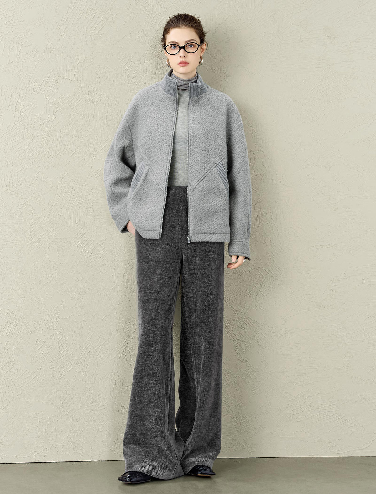 Teddy Fleece Wool-Blend High-Neck Zip Jacket