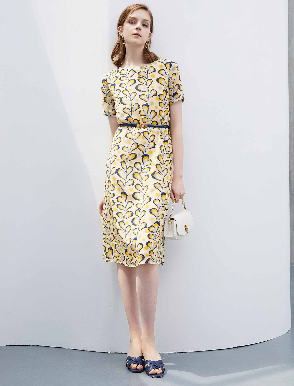 Floral Silk Waist-Cinched Dress