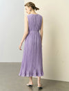 Lavender Waist Tie Ruffle Hem Pleated Sleeveless Midi Dress