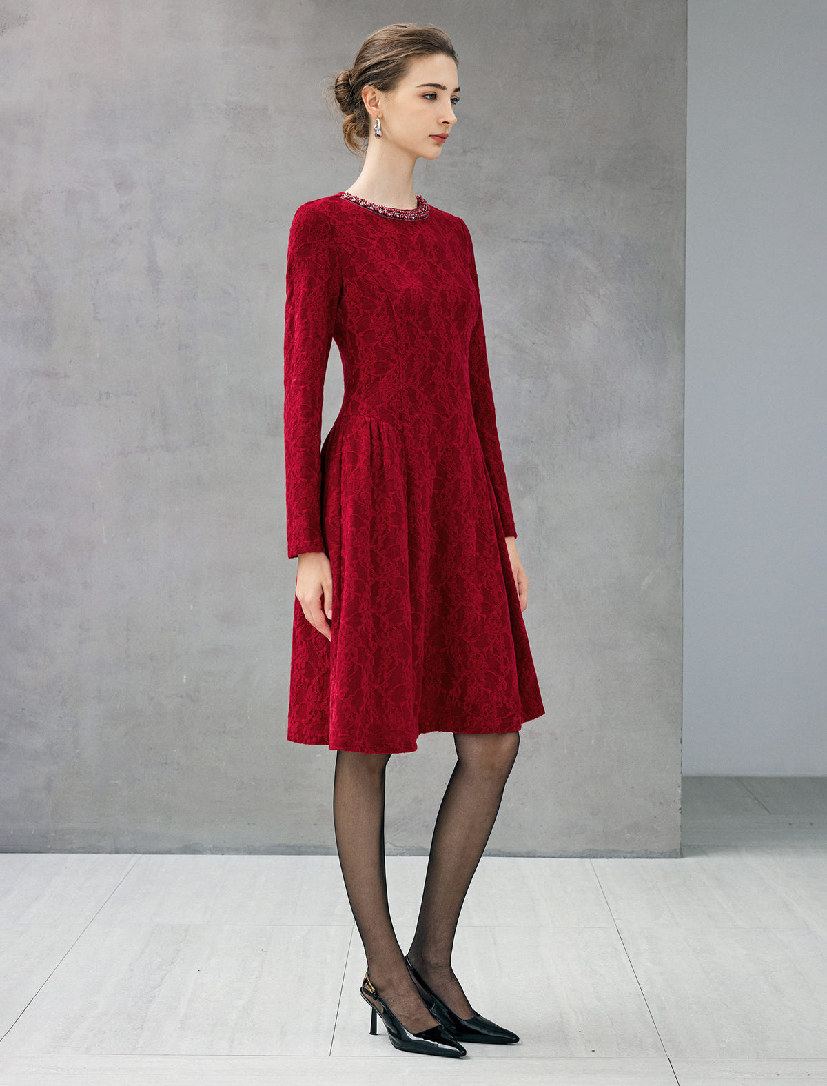 Beaded Lace Crewneck Long Sleeve A-Line Dress