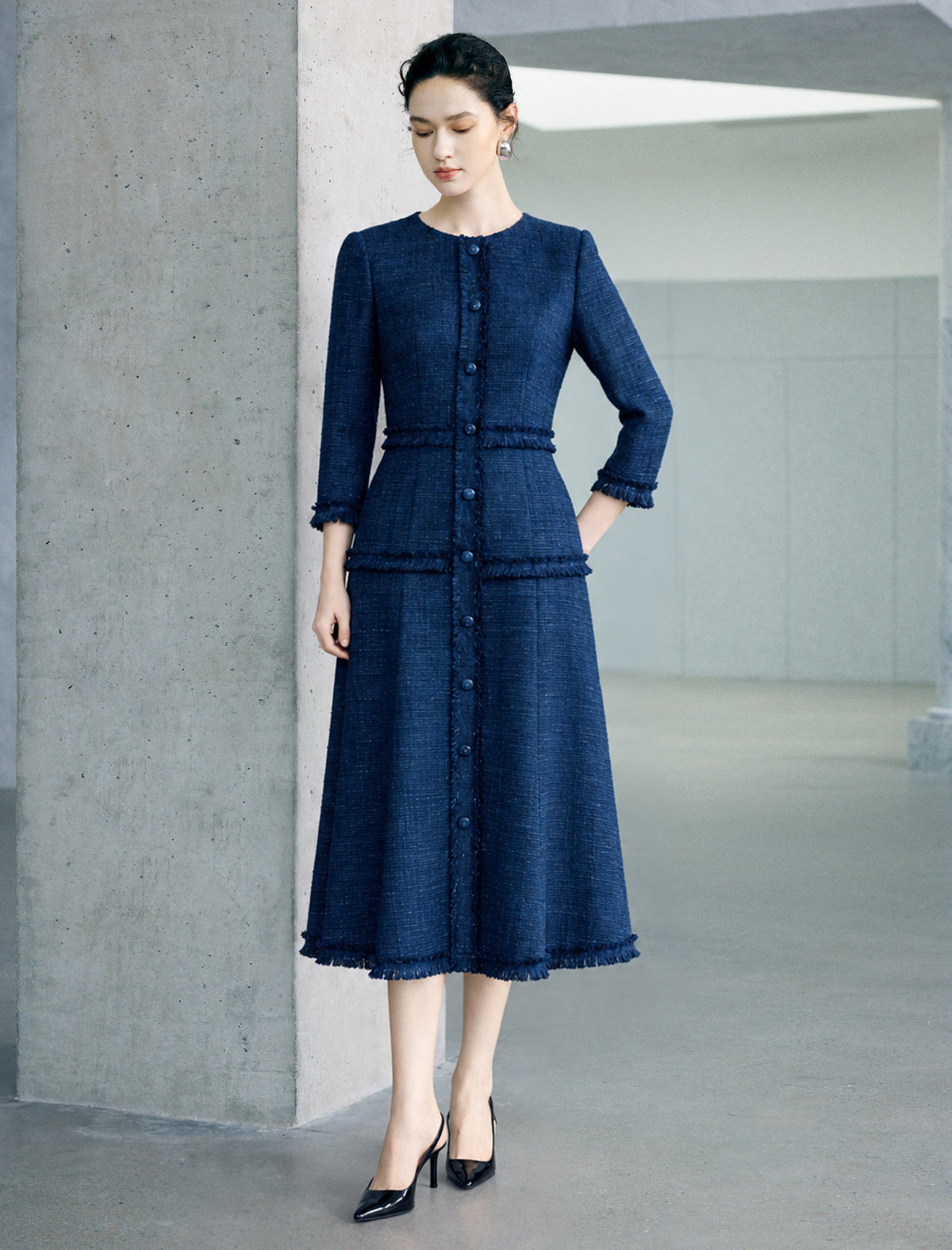 Textured Button Front Midi Dress