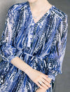 Abstract Floral Print Belted Long Sleeve Midi Dress