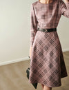Plaid Crewneck Belted Midi Dress