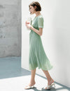 Waist-Cinched A-Line Pleated Short Sleeve Dress