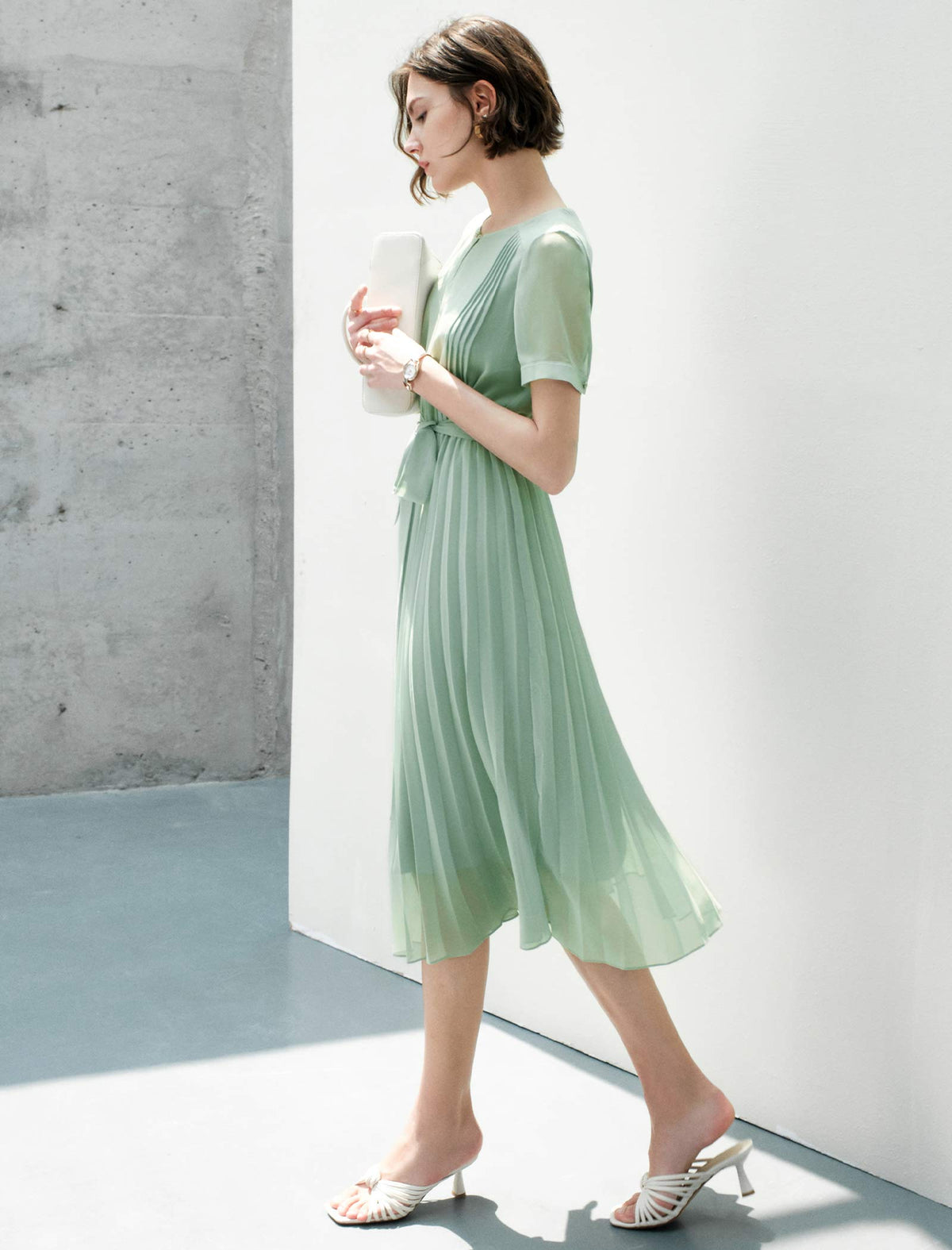 Waist-Cinched A-Line Pleated Short Sleeve Dress