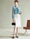 Teal Geometric Tie-Neck Blouse