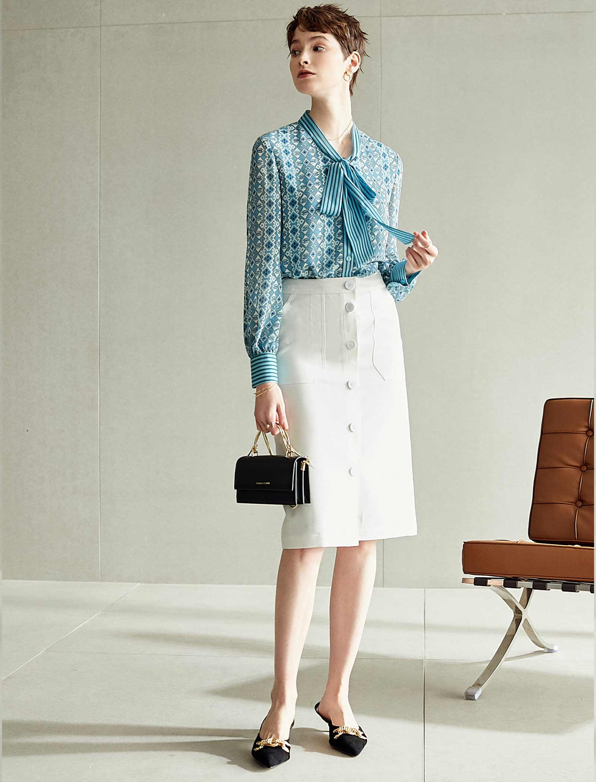 Teal Geometric Tie-Neck Blouse