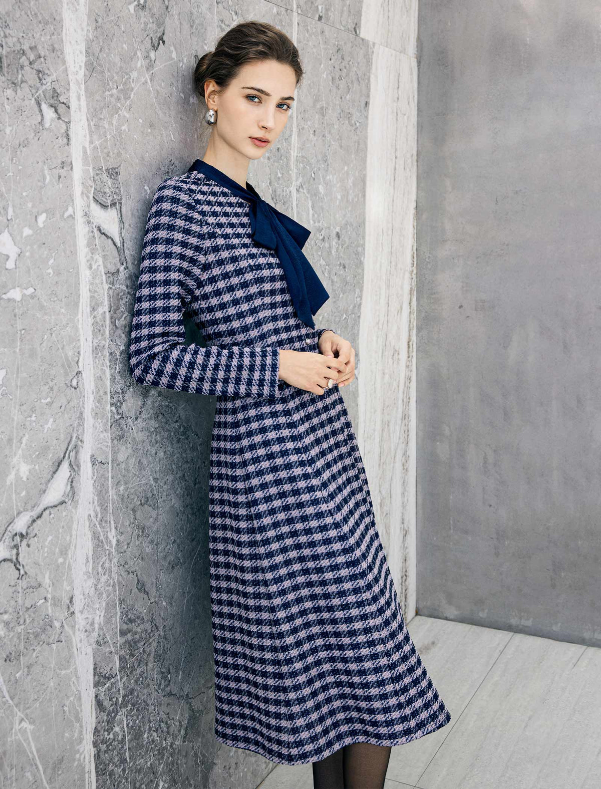 Geometric Plaid Bow Tie Long Sleeve A-Line Dress