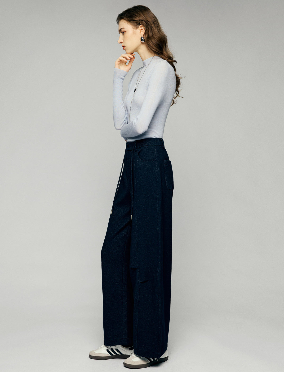 Wool Blend Drawstring Pleated Pocket Wide-Leg Pants
