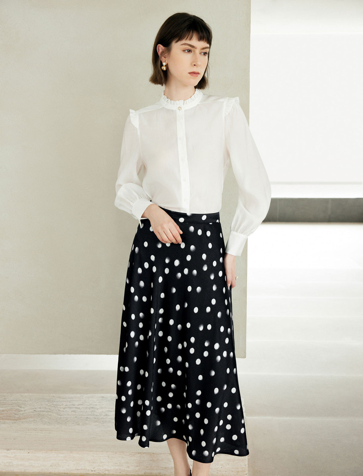 Black Watercolor Polka Dot High Waist Flared Midi Skirt