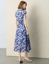 Blue Floral Print V-Neck Midi Dress