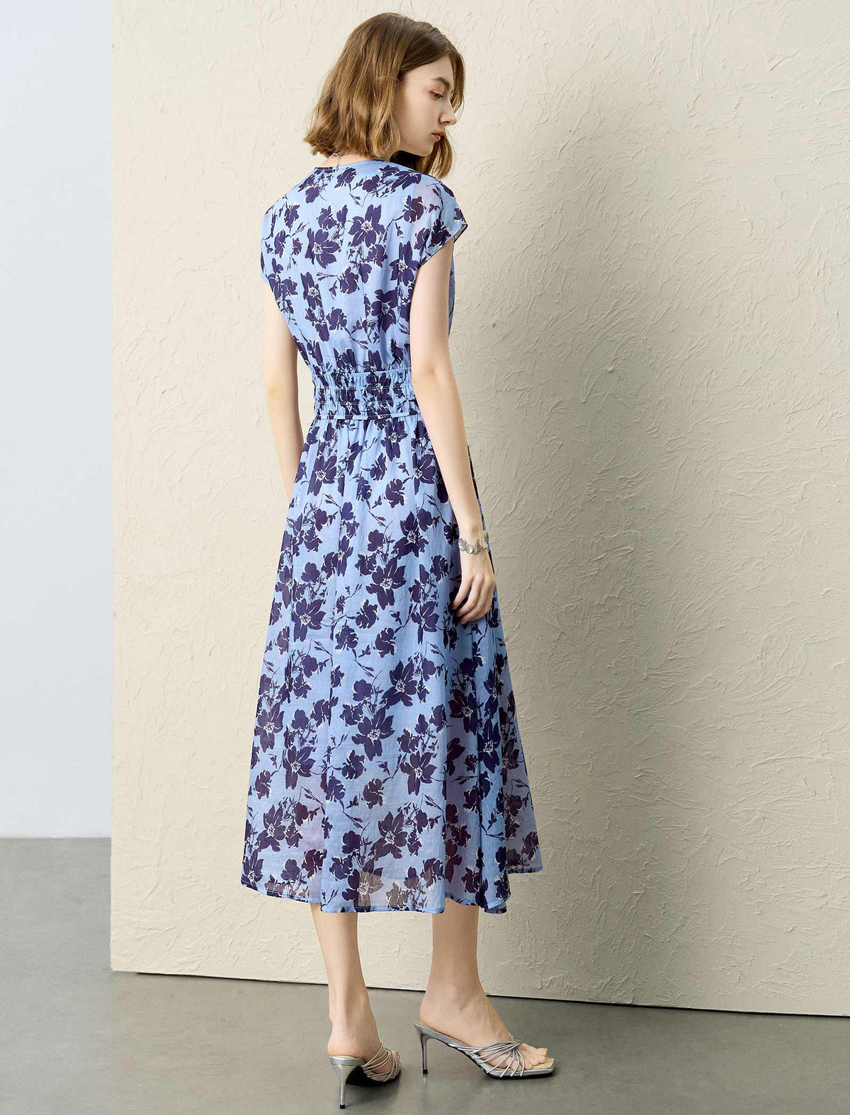 Blue Floral Print V-Neck Midi Dress