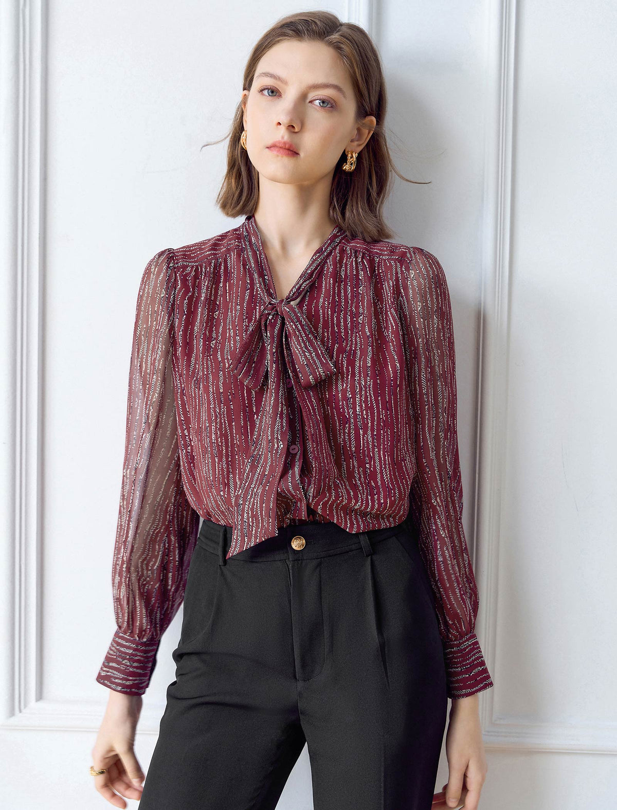 Chiffon Striped Bow Tie Blouse