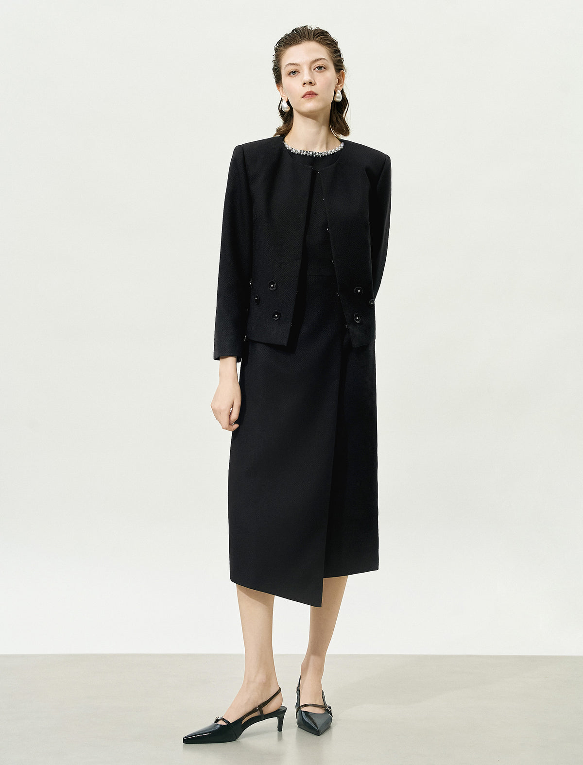 Embellished Neckline Asymmetric Midi Dress