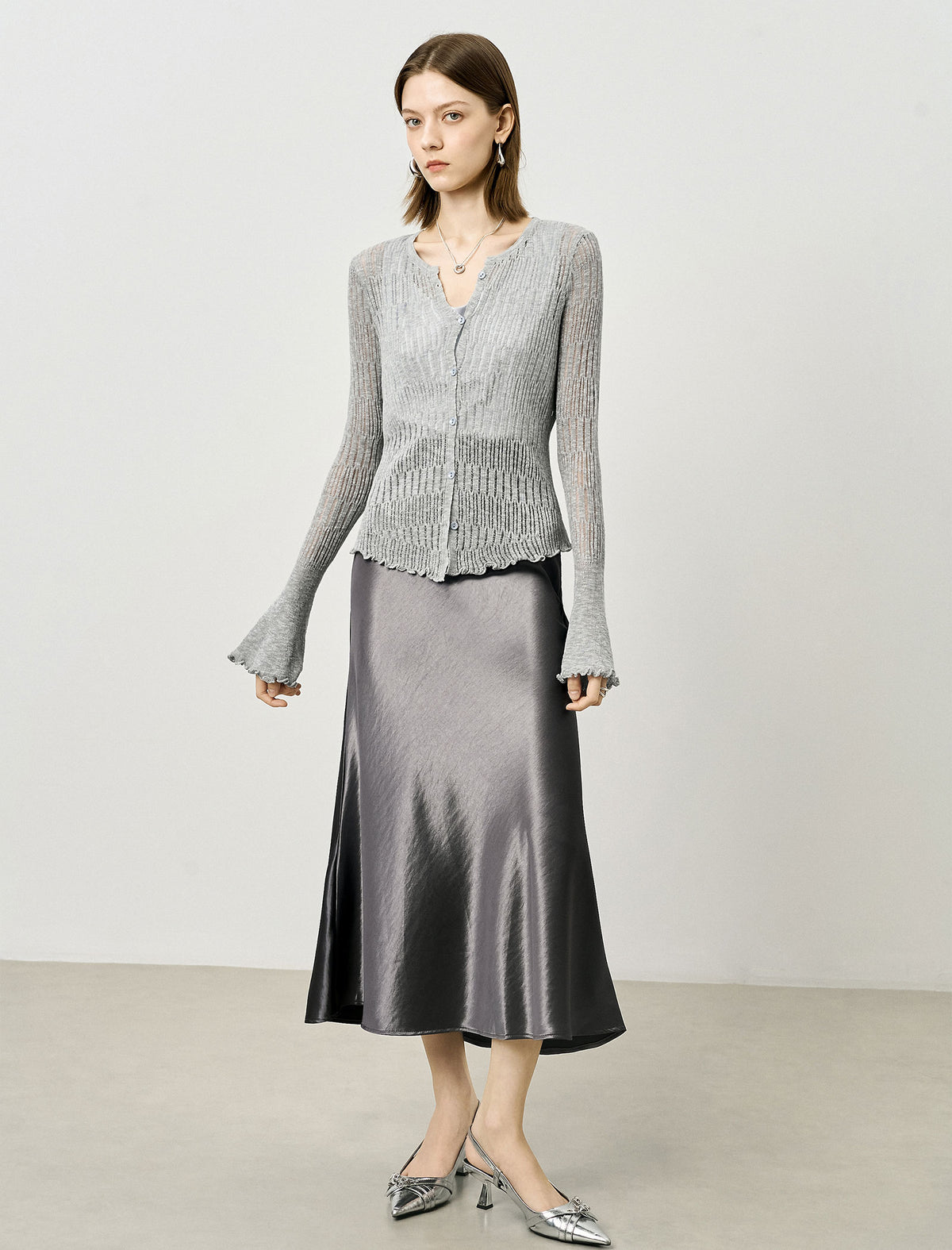 Textured Satin Midi Skirt