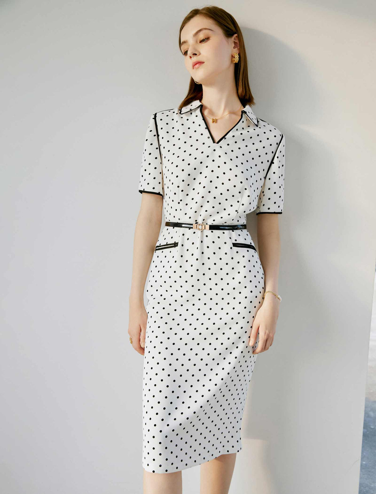 V-Neck Polka Dot Waist-Cinched Fitted Dress