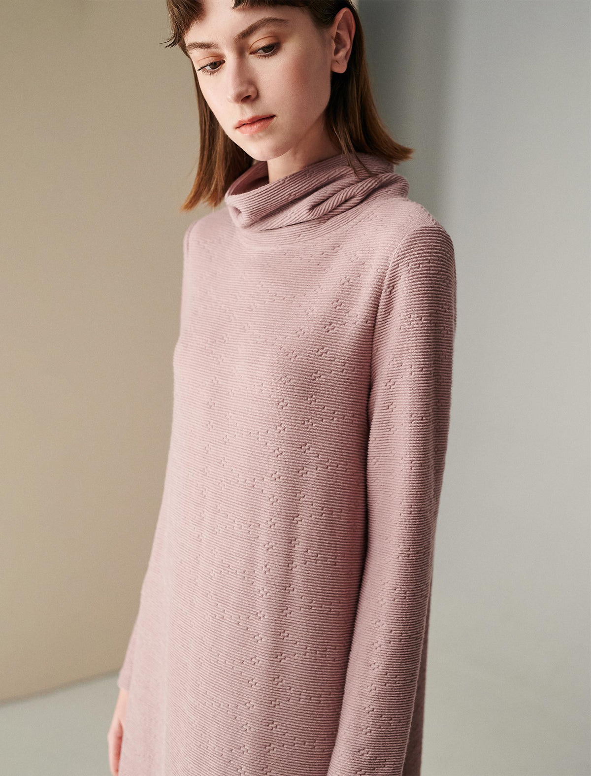 Textured Turtleneck Belted Dress