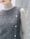 Silver Gray Shimmer Tweed Sleeveless Dress Round Neck Pleated Midi Dress
