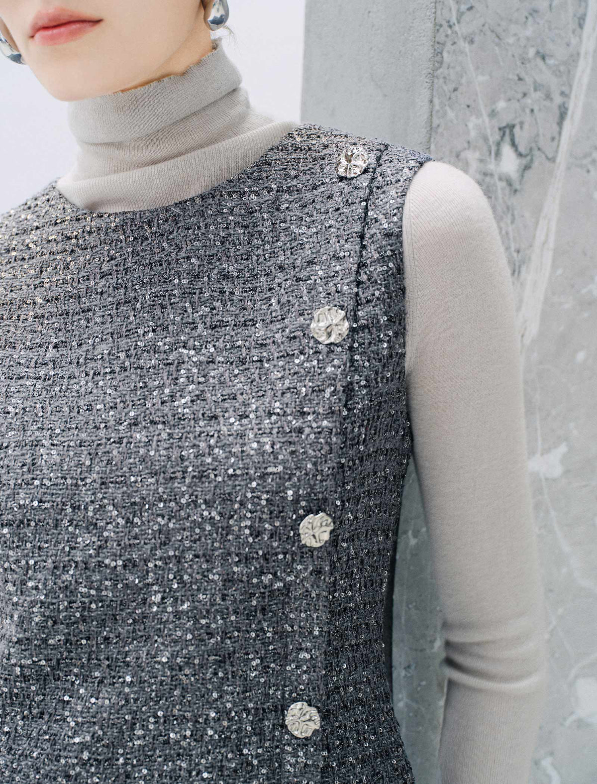 Silver Gray Shimmer Tweed Sleeveless Dress Round Neck Pleated Midi Dress