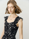 Chiffon Black Floral Ruffle Maxi Dress