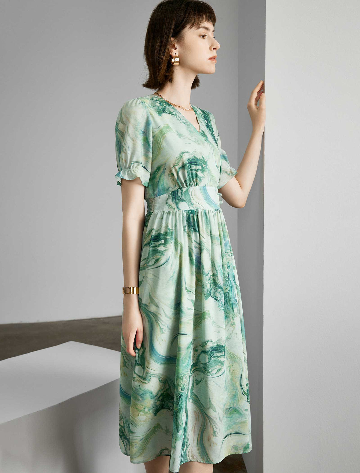 Teal Marble Print V-Neck Midi Dress