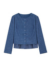 Button Front Denim Look Ruffle Hem Blouse