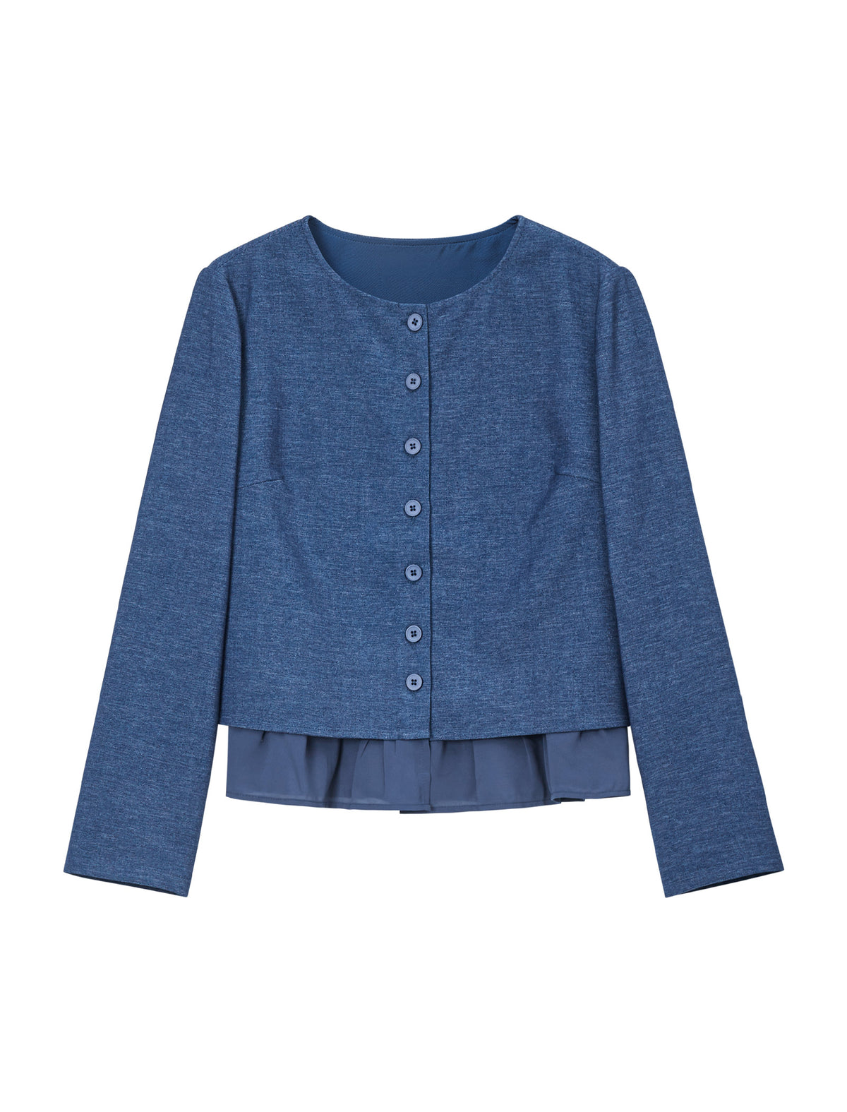 Button Front Denim Look Ruffle Hem Blouse