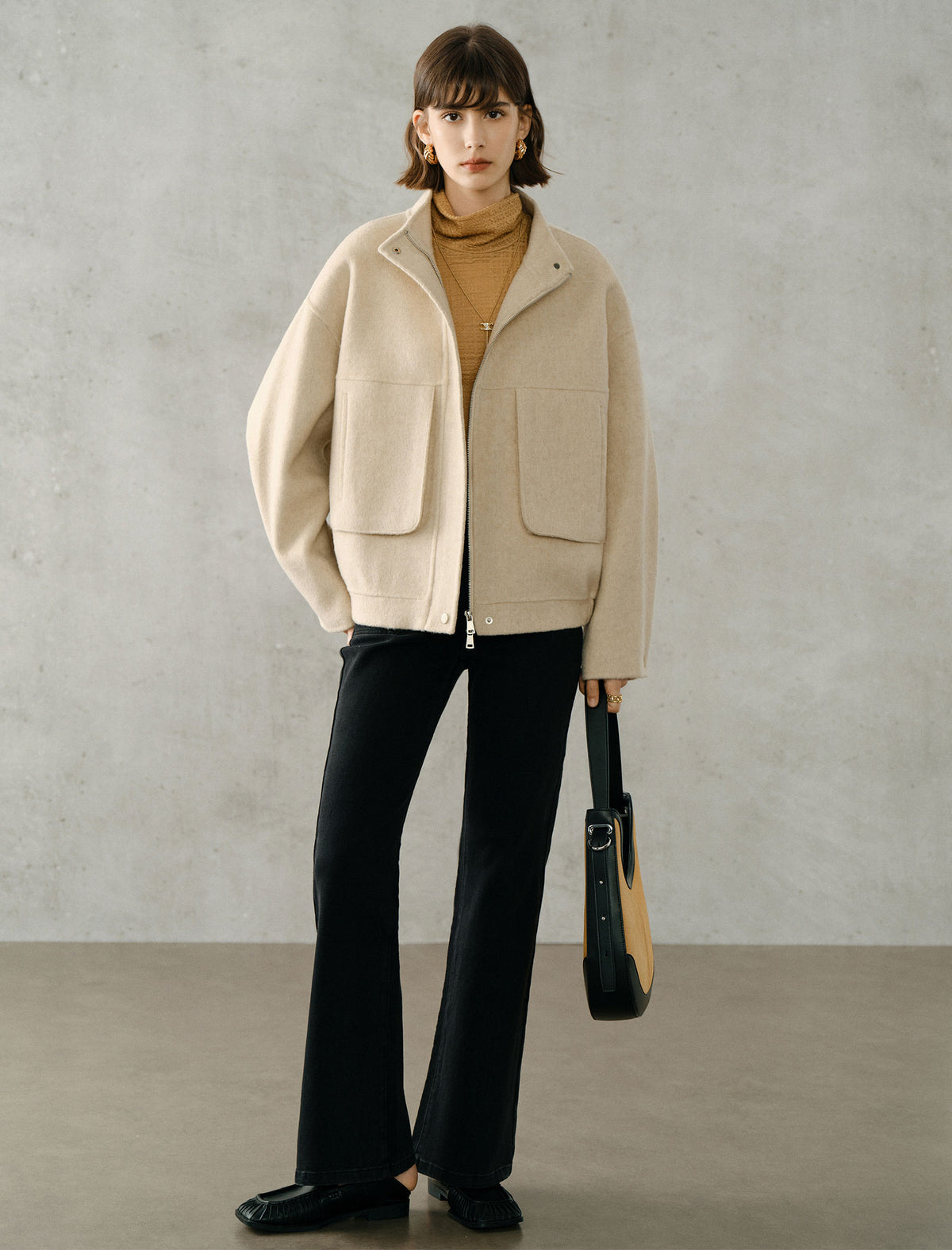 Wool Blend Textured Turtleneck Long Sleeve Knit Top