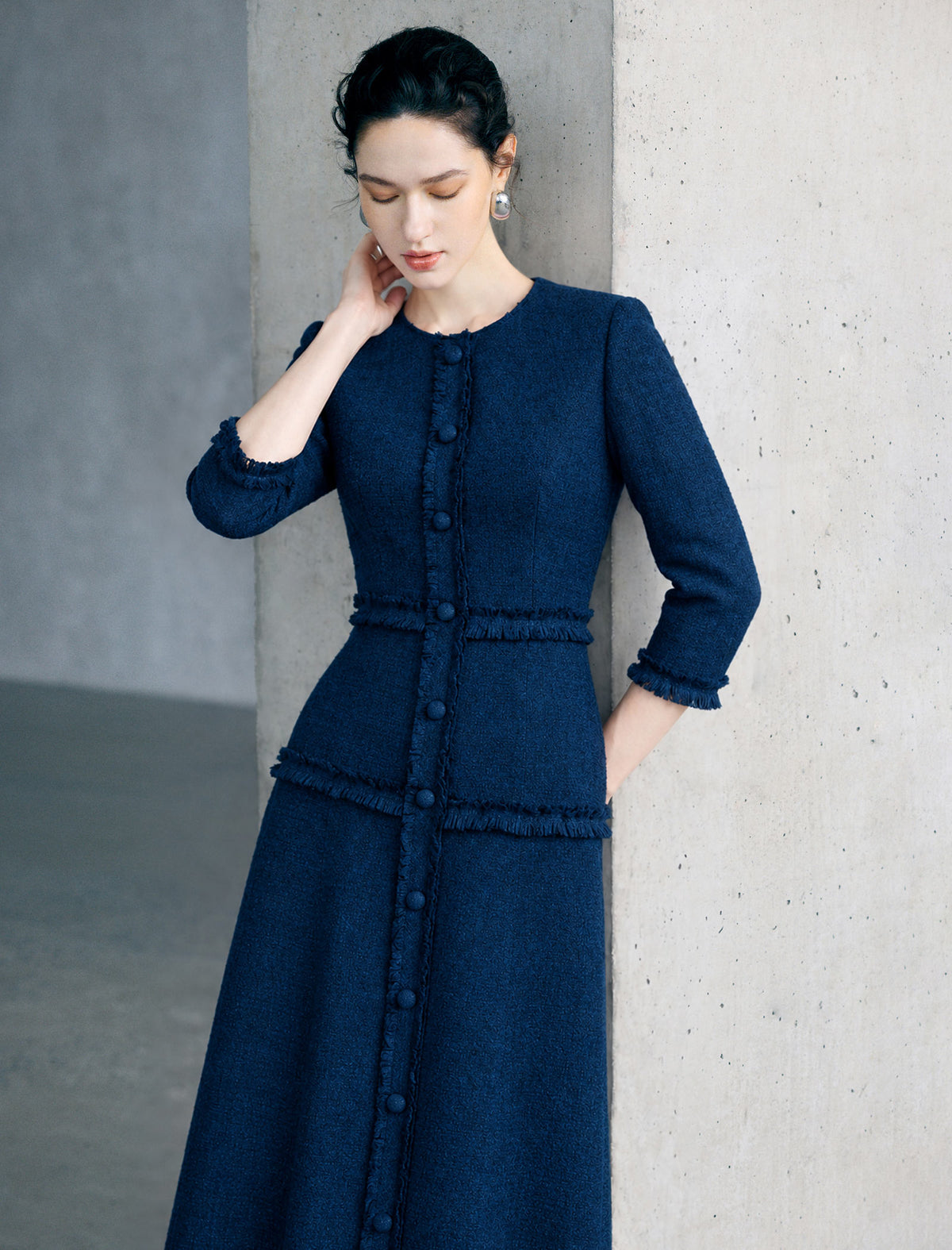 Dark Navy Fringe Trim Midi Dress