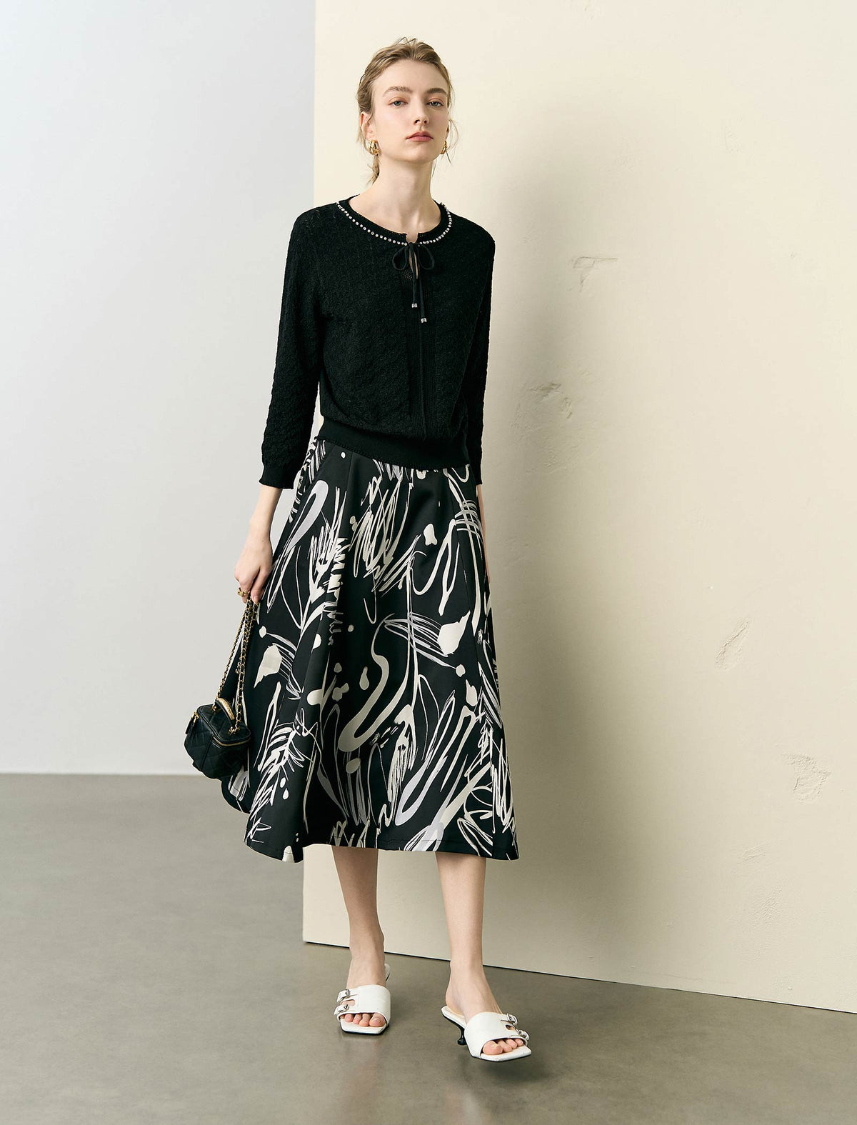 Tencel Eyelet Knit Tie-Neck Sweater