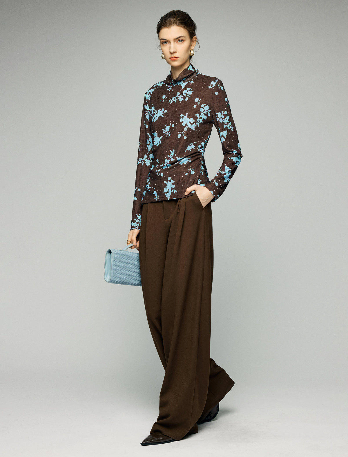 Floral Print Rhinestone Ruched Turtleneck Long Sleeve Top