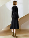 V-Neck Long Sleeve Belted Streamlined Midi Dress