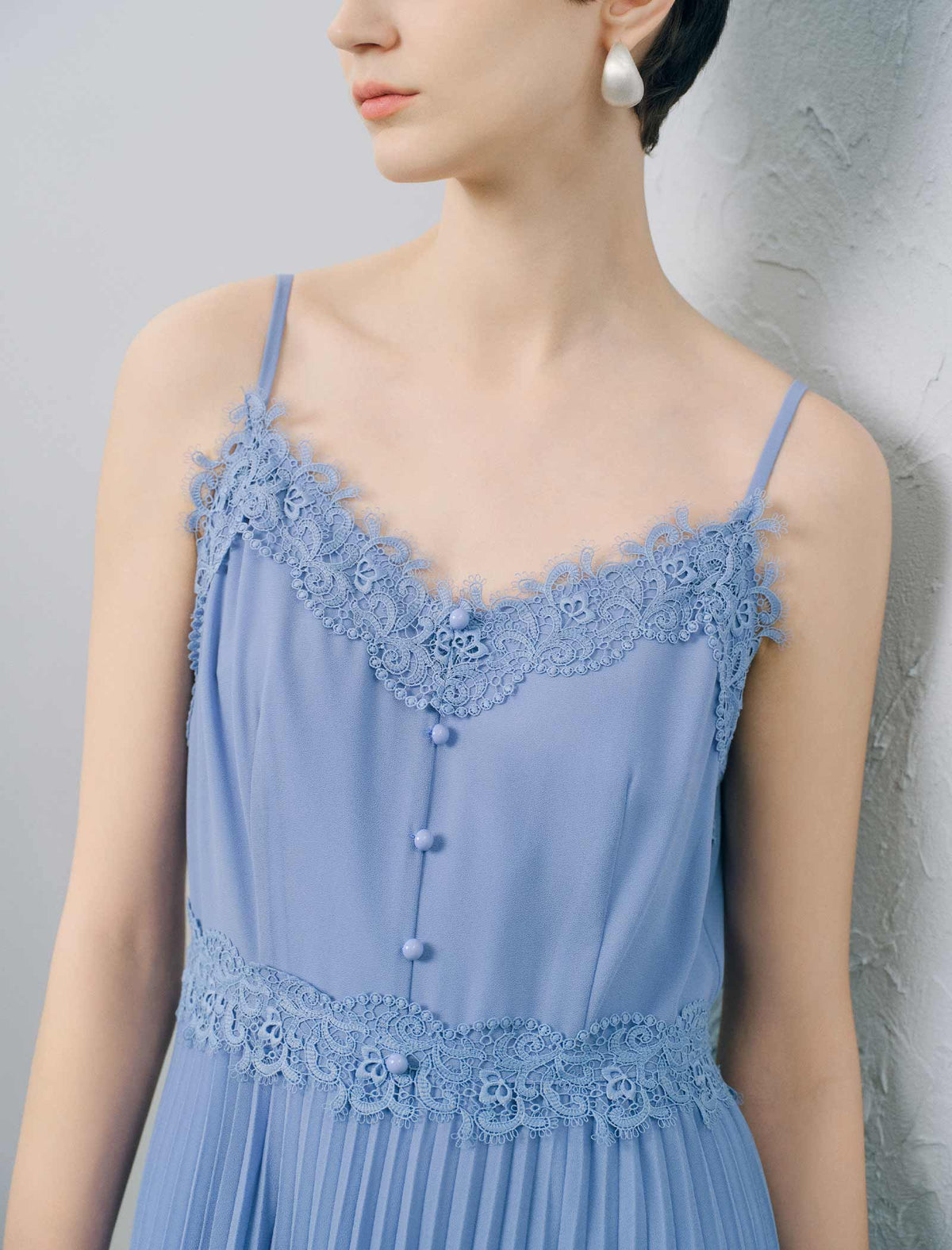 Light Blue Lace-Trimmed Pleated Cami Midi Dress