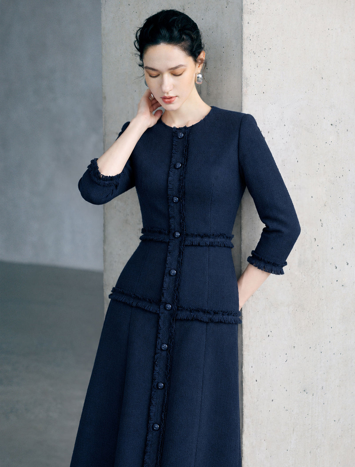Dark Navy Fringe Trim Midi Dress
