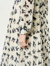 Pleated Tie-Neck Printed Metallic Trim Midi Dress