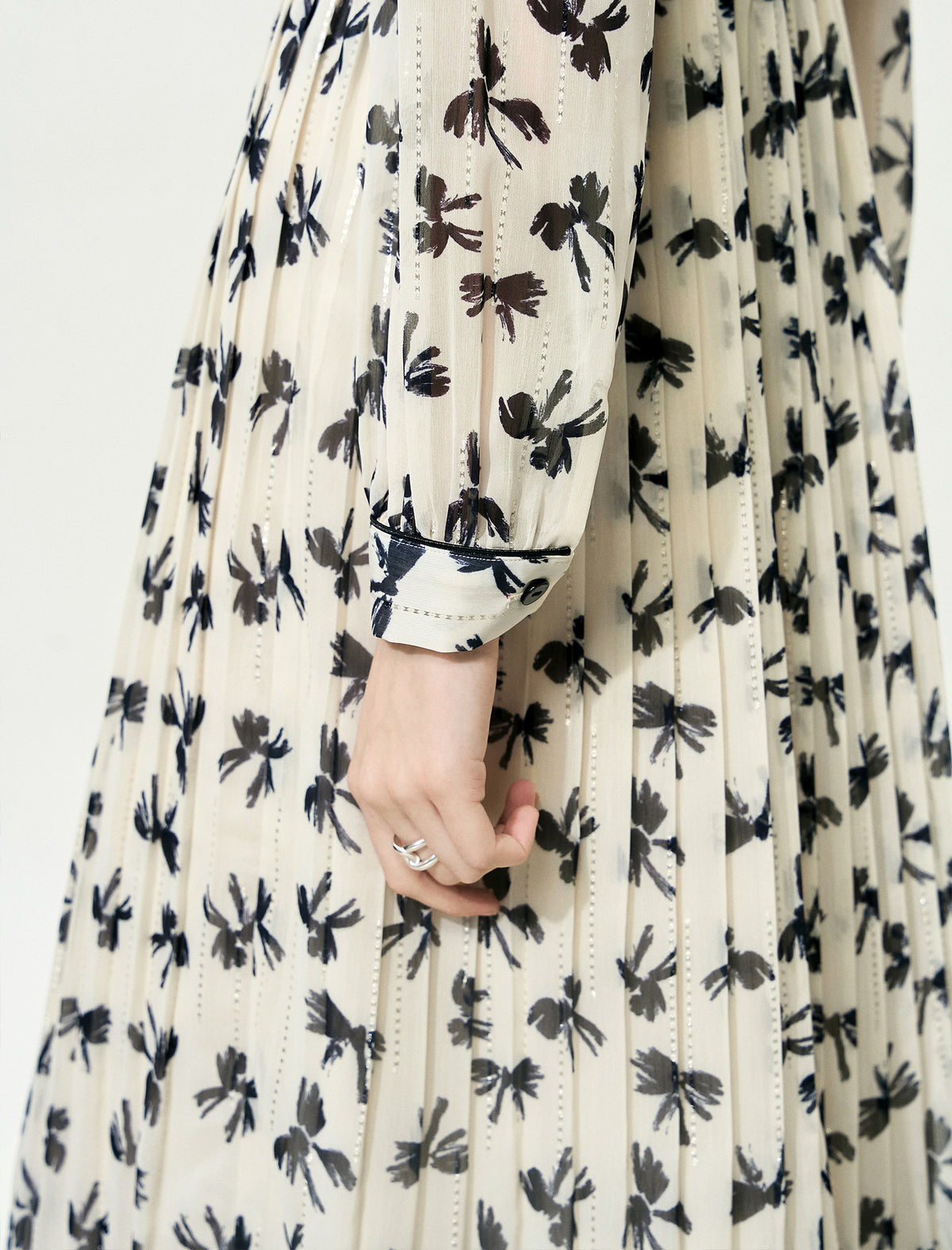 Pleated Tie-Neck Printed Metallic Trim Midi Dress