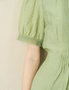Puff Sleeve Pintuck Midi Dress with Lace Trim