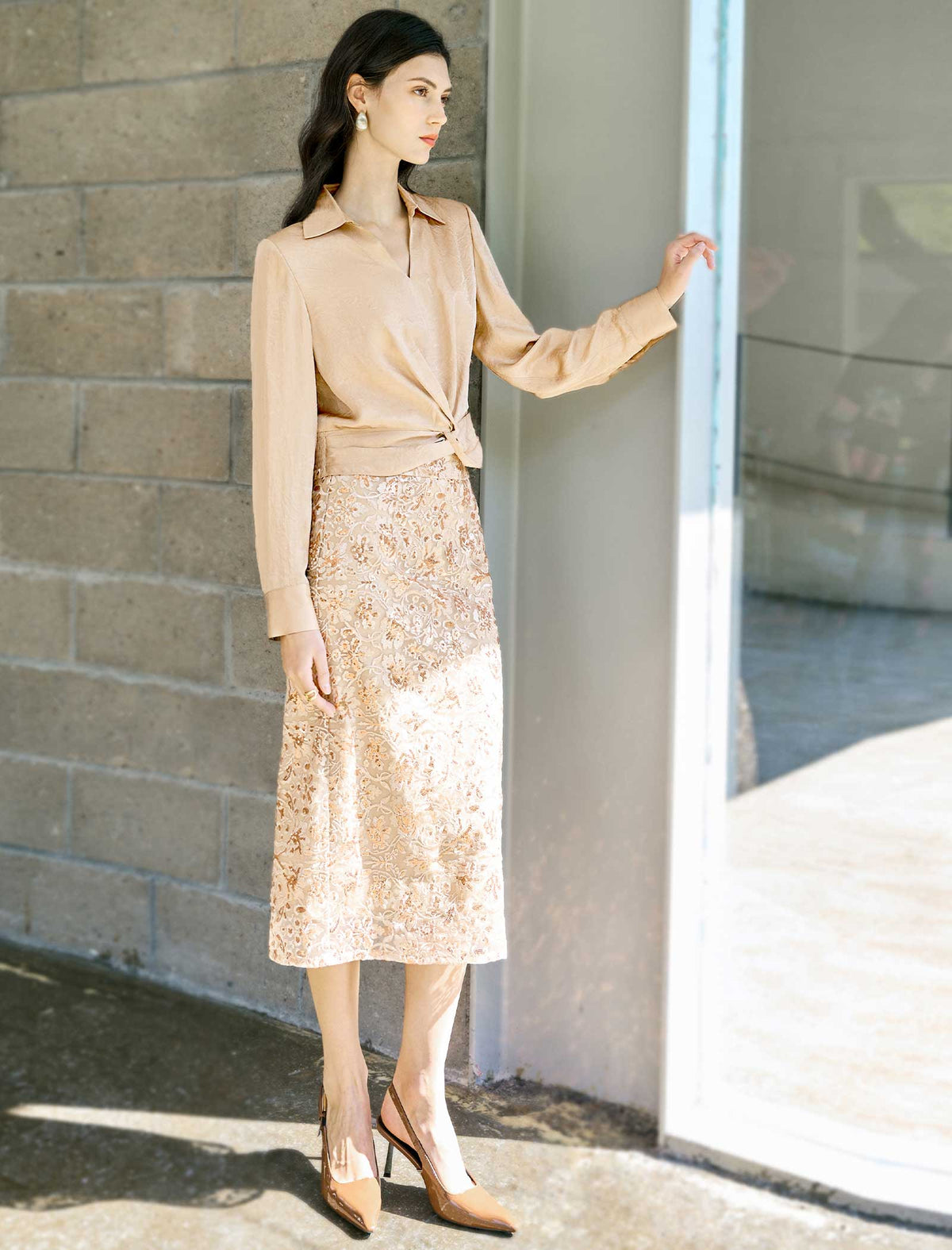 Floral Sequin Lace High-Waist Back-Slit Midi Skirt