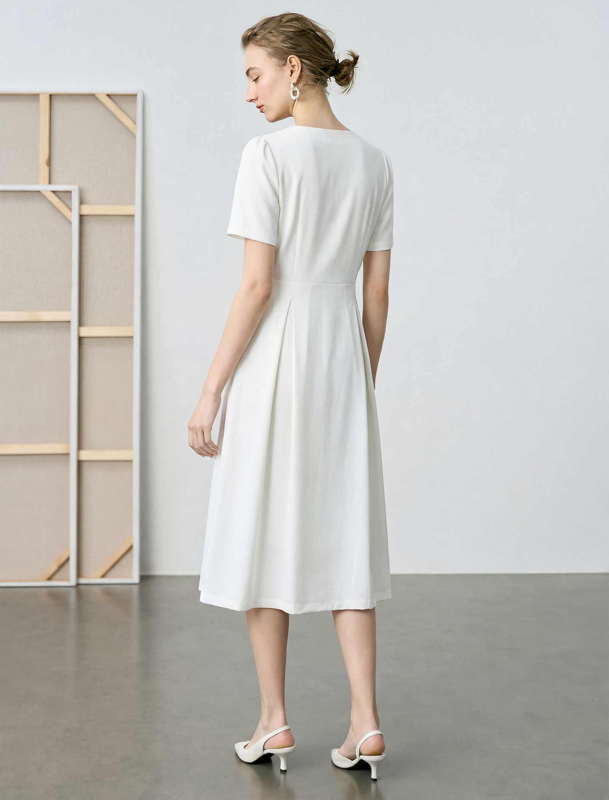 Round Neck Puff Sleeve Midi Shirt Dress
