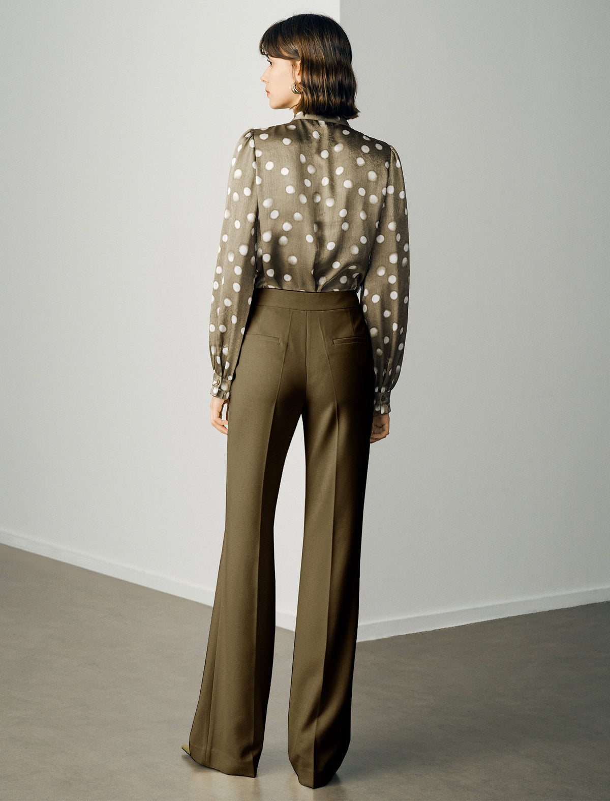 Ruffle Stand Collar Polka Dot Blouse with Self-Tie