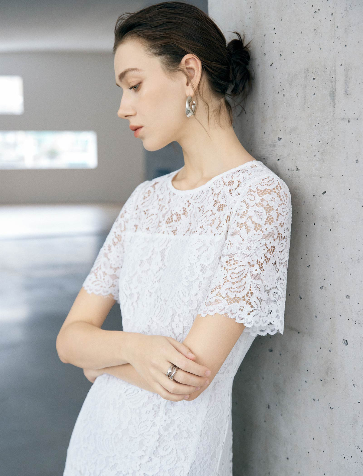Floral Lace Short Sleeve Ruffle Hem Midi Dress