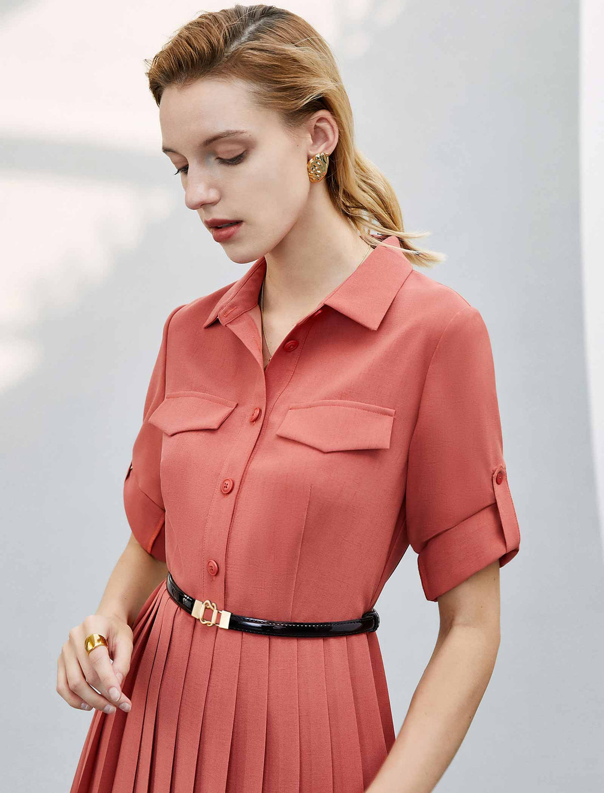 Chic Workwear Pleated Midi Shirt Dress