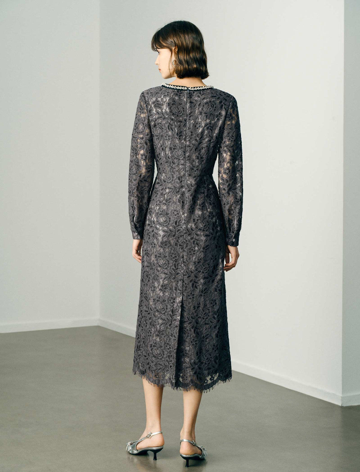 Lace Beaded Neckline Midi Dress