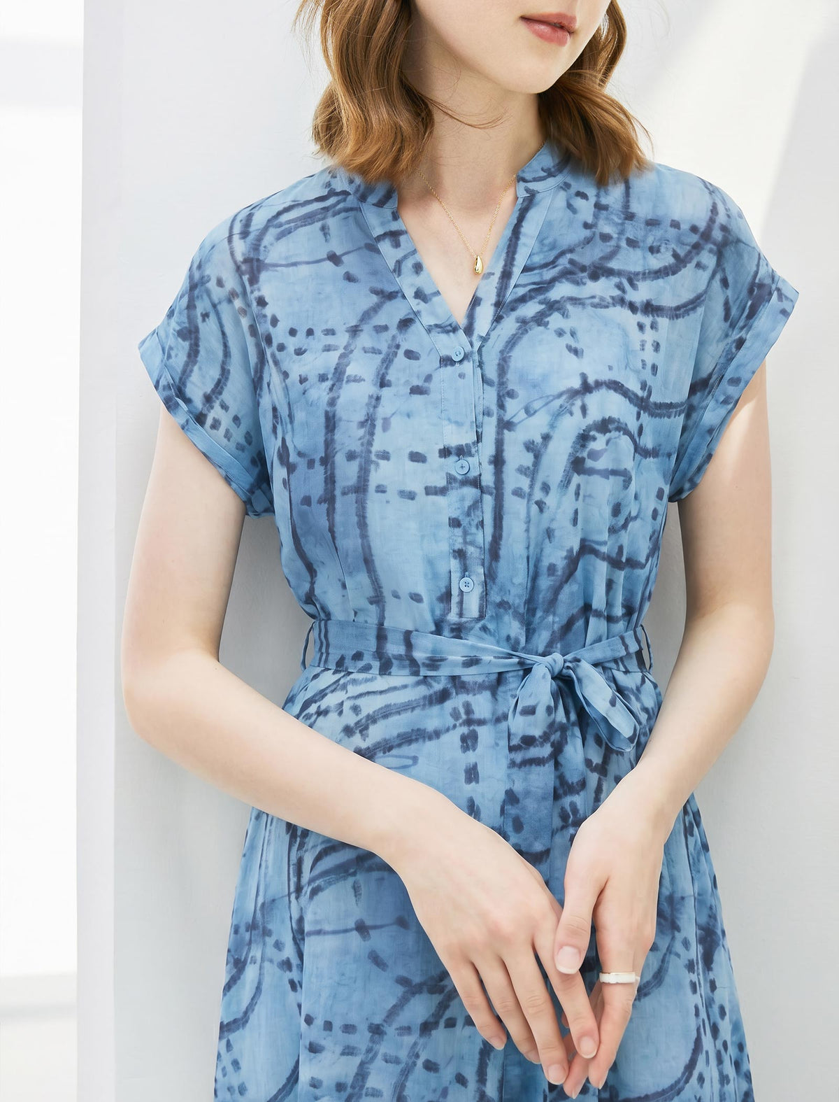 Blue Abstract Print Belted Midi Shirt Dress