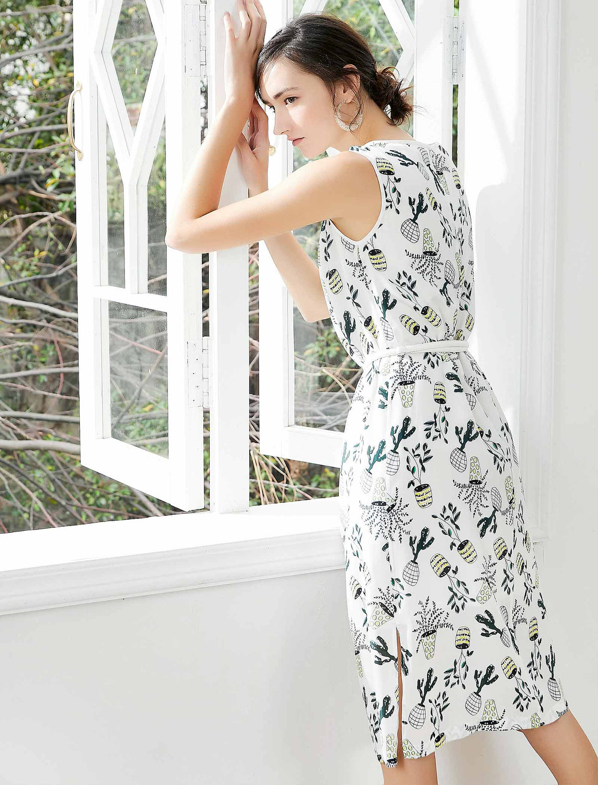 Cactus Print Silk Sleeveless Midi Dress